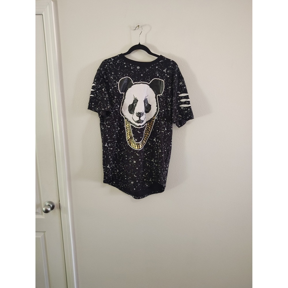 Track23‎ Panda Gold Chain Splatter Graphic Tee Slashed Sleeve Black Large